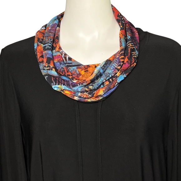 Ali Miles Slinky Black Tunic Top Size Large Colorful Trim Cowl Neck Lagenlook - Picture 5 of 9